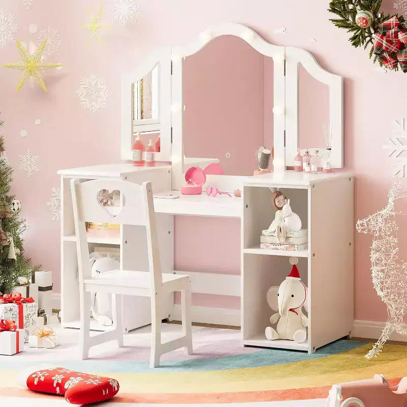 Coiffeuse avec lumière, bureau de maquillage 2 en 1 pour princesse avec miroir tactile détachable à trois volets