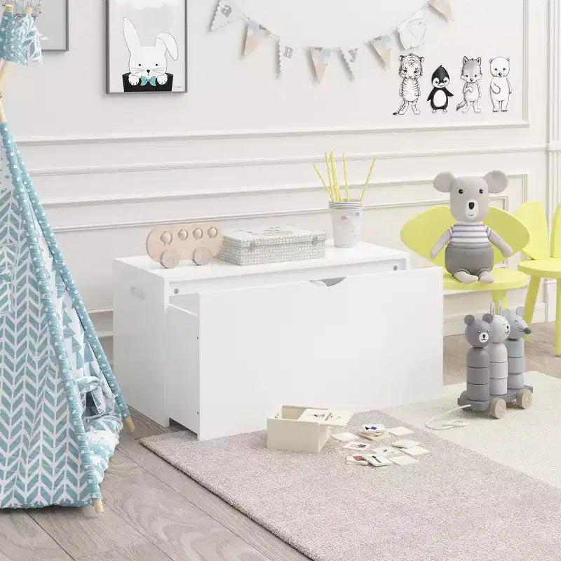 Meuble de rangement pour jouets Whisen Kids avec tiroir roulant, coffre à jouets moderne en bois avec roues, grand bac coulissant - Blanc