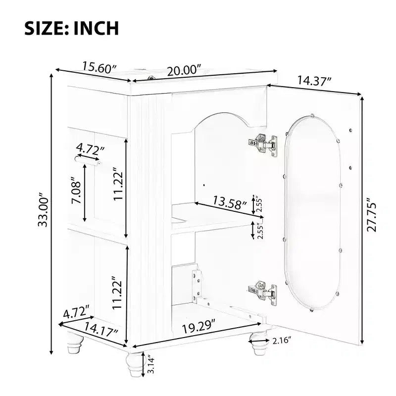 Meuble-lavabo de salle de bain de 20 po avec évier, meuble-lavabo autoportant avec lavabo en céramique, ensemble combiné d'armoires de rangement avec étagères réglables