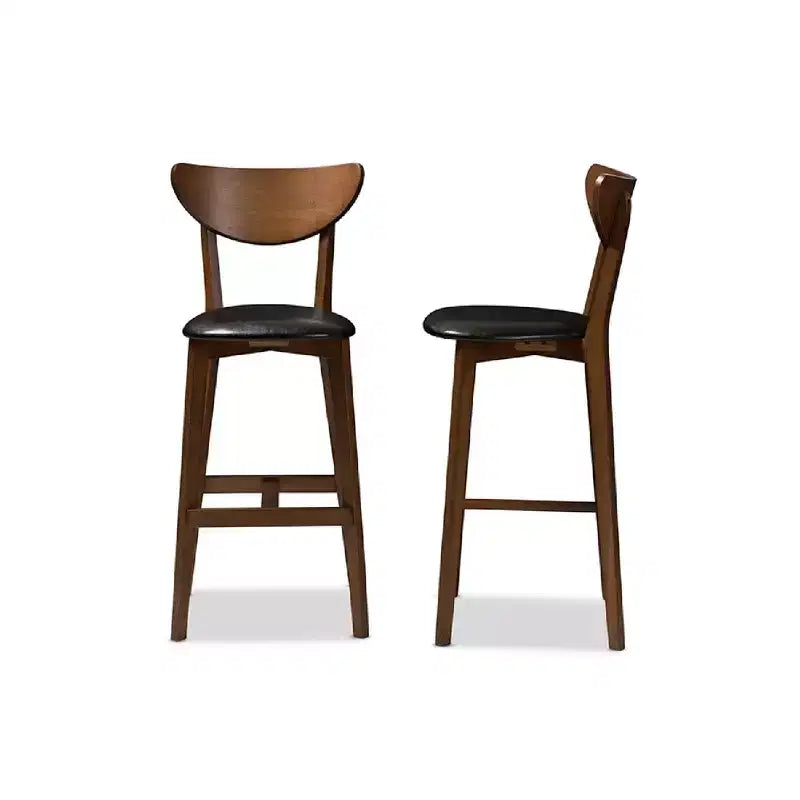 Lot de tabourets de bar HomeStock Eline mi-siècle moderne en similicuir noir avec finition noyer