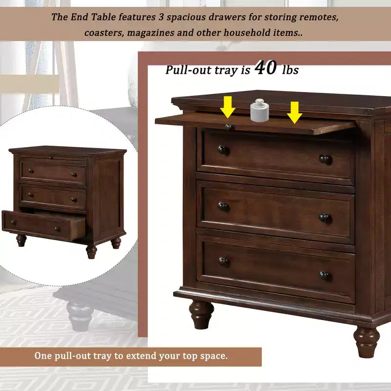 Table de chevet moderne à trois tiroirs en pin avec plateau coulissant, pieds en bois dur, convient pour les chambres, les salons et les bureaux.