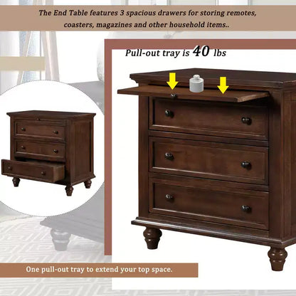 Table de chevet moderne à trois tiroirs en pin avec plateau coulissant, pieds en bois dur, convient pour les chambres, les salons et les bureaux.