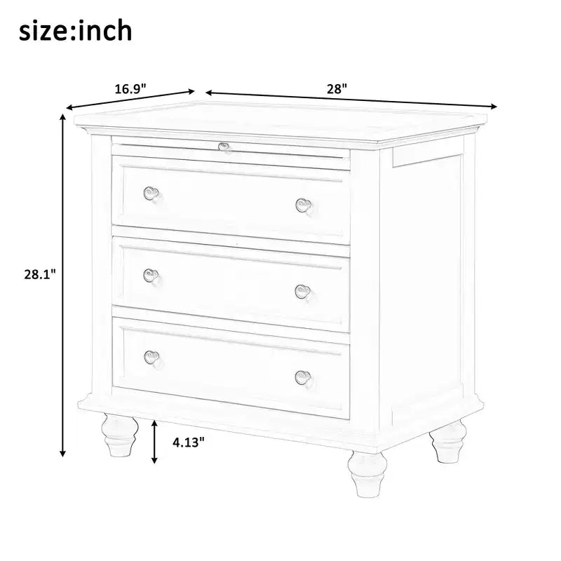 Table de chevet moderne à trois tiroirs en pin avec plateau coulissant, pieds en bois dur, convient pour les chambres, les salons et les bureaux.