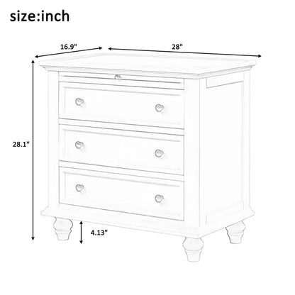 Table de chevet moderne à trois tiroirs en pin avec plateau coulissant, pieds en bois dur, convient pour les chambres, les salons et les bureaux.