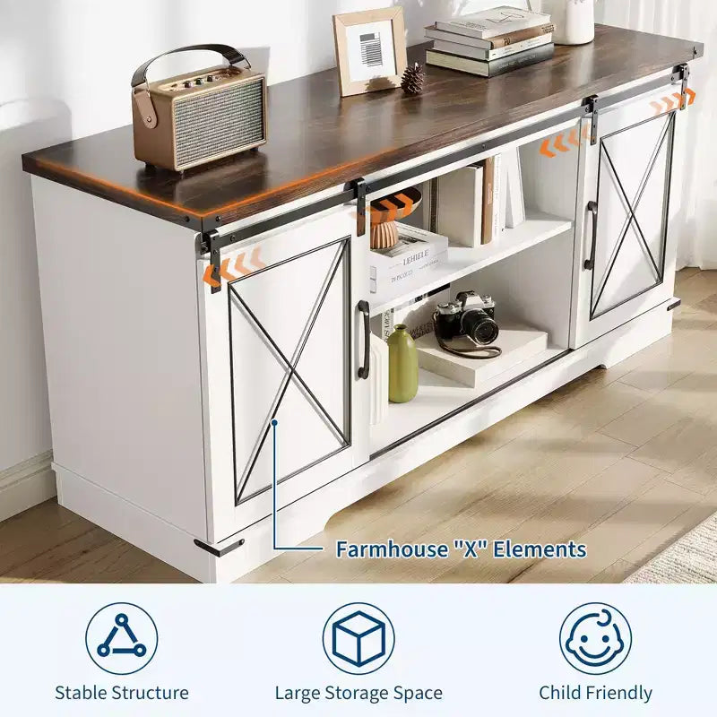Meuble TV adapté aux téléviseurs de 65 pouces, doté de portes coulissantes de style grange. Meuble de rangement et meuble TV pour salon.