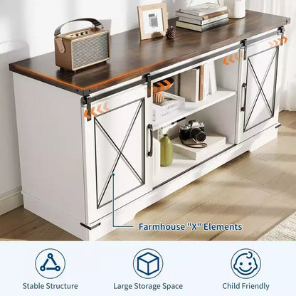 Meuble TV adapté aux téléviseurs de 65 pouces, doté de portes coulissantes de style grange. Meuble de rangement et meuble TV pour salon.