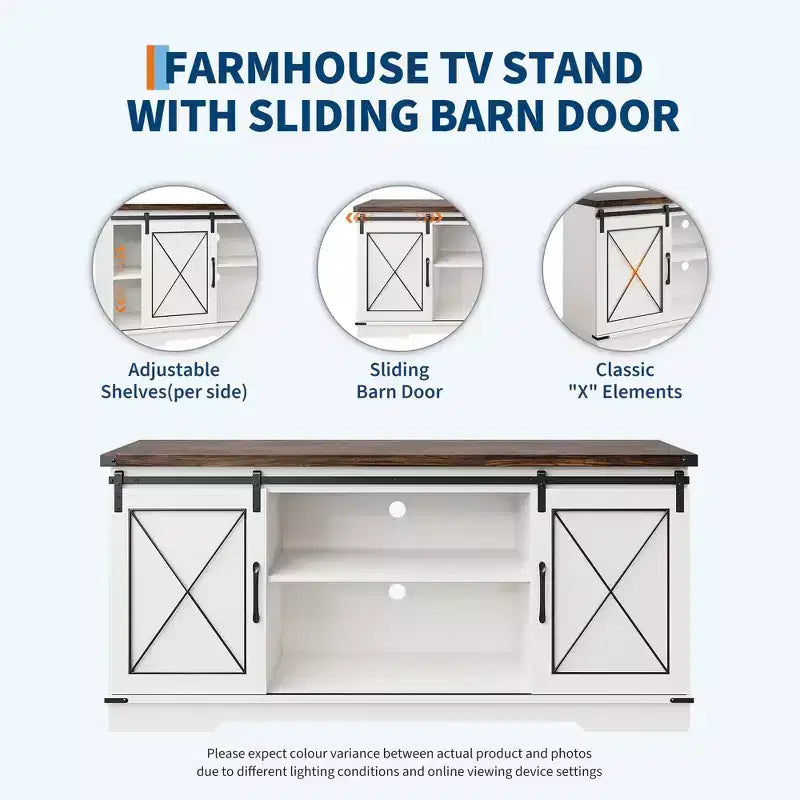 Meuble TV adapté aux téléviseurs de 65 pouces, doté de portes coulissantes de style grange. Meuble de rangement et meuble TV pour salon.