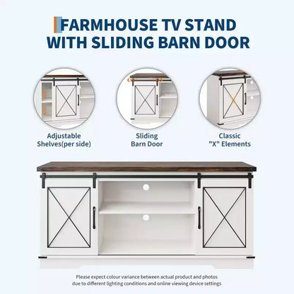 Meuble TV adapté aux téléviseurs de 65 pouces, doté de portes coulissantes de style grange. Meuble de rangement et meuble TV pour salon.