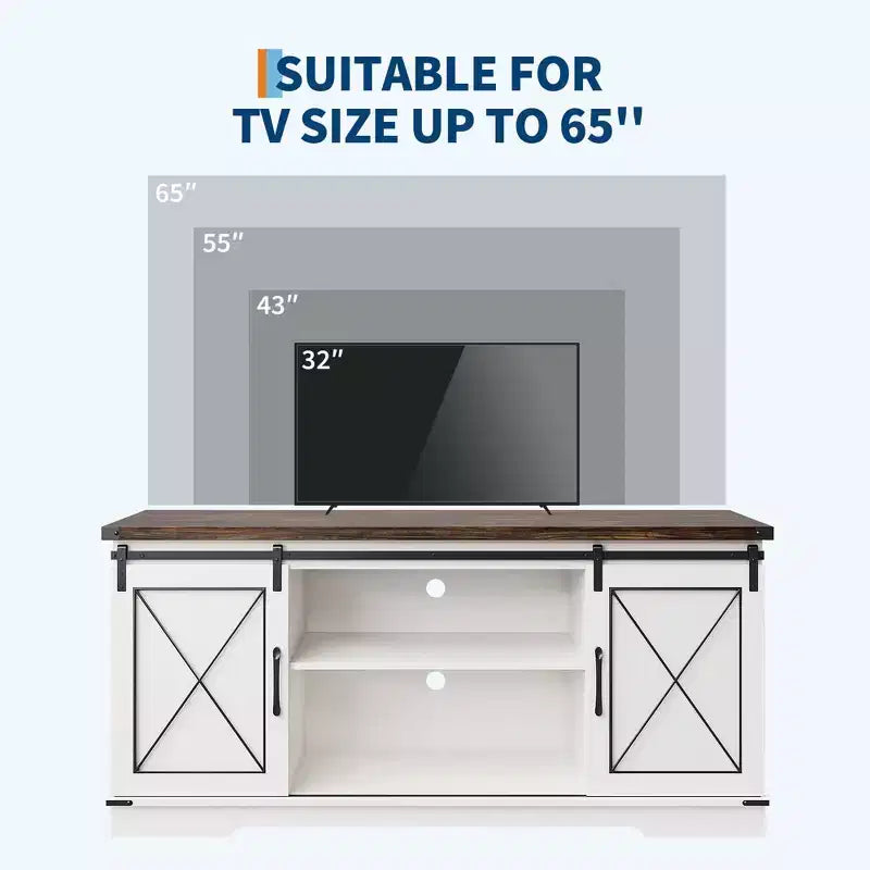 Meuble TV adapté aux téléviseurs de 65 pouces, doté de portes coulissantes de style grange. Meuble de rangement et meuble TV pour salon.