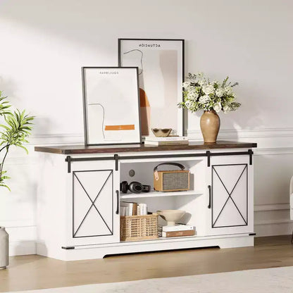 Meuble TV adapté aux téléviseurs de 65 pouces, doté de portes coulissantes de style grange. Meuble de rangement et meuble TV pour salon.