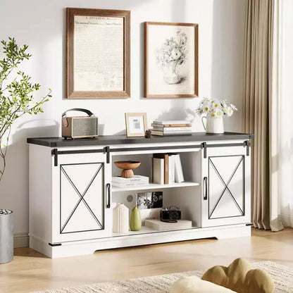Meuble TV adapté aux téléviseurs de 65 pouces, doté de portes coulissantes de style grange. Meuble de rangement et meuble TV pour salon.