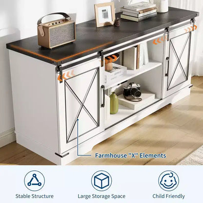 Meuble TV adapté aux téléviseurs de 65 pouces, doté de portes coulissantes de style grange. Meuble de rangement et meuble TV pour salon.