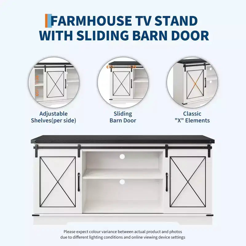 Meuble TV adapté aux téléviseurs de 65 pouces, doté de portes coulissantes de style grange. Meuble de rangement et meuble TV pour salon.