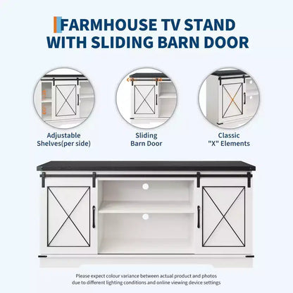 Meuble TV adapté aux téléviseurs de 65 pouces, doté de portes coulissantes de style grange. Meuble de rangement et meuble TV pour salon.