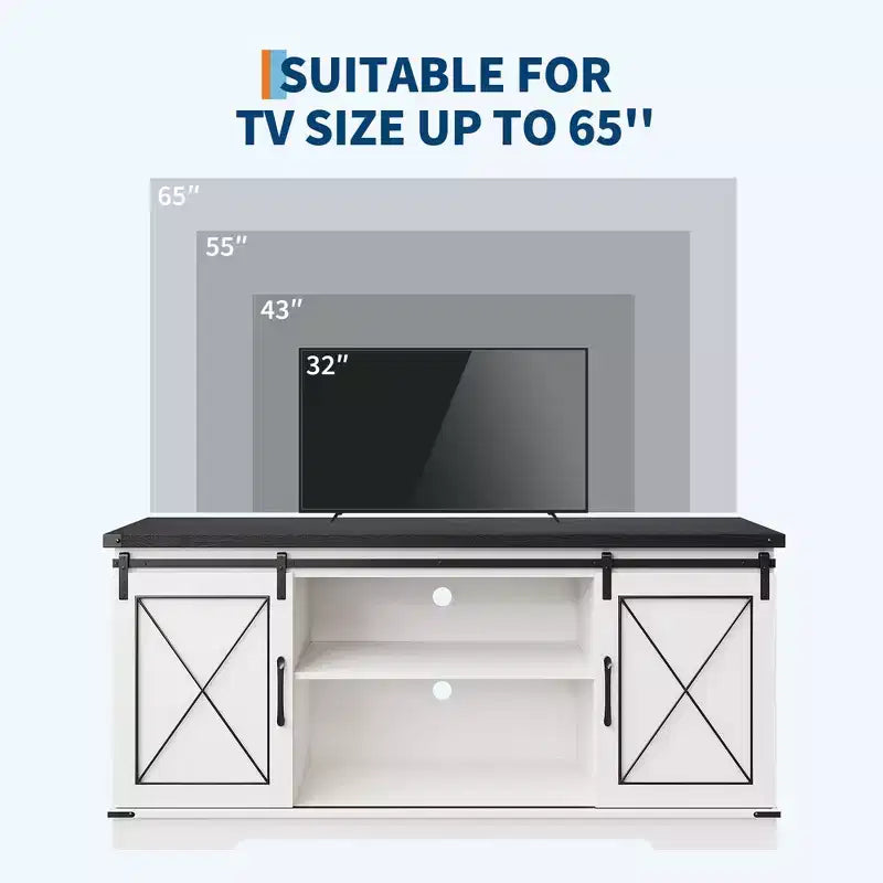 Meuble TV adapté aux téléviseurs de 65 pouces, doté de portes coulissantes de style grange. Meuble de rangement et meuble TV pour salon.