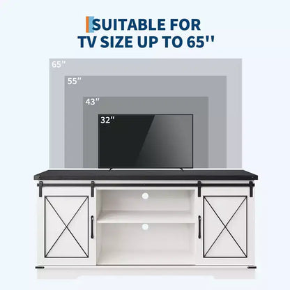 Meuble TV adapté aux téléviseurs de 65 pouces, doté de portes coulissantes de style grange. Meuble de rangement et meuble TV pour salon.