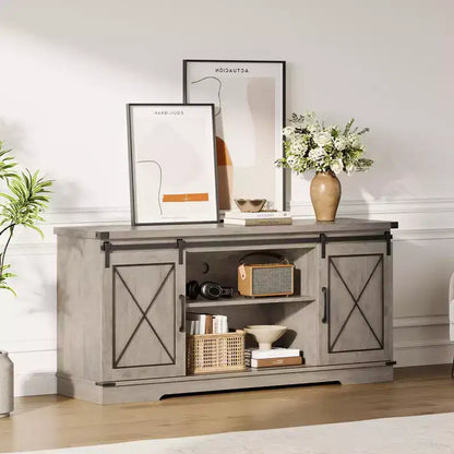 Meuble TV adapté aux téléviseurs de 65 pouces, doté de portes coulissantes de style grange. Meuble de rangement et meuble TV pour salon.