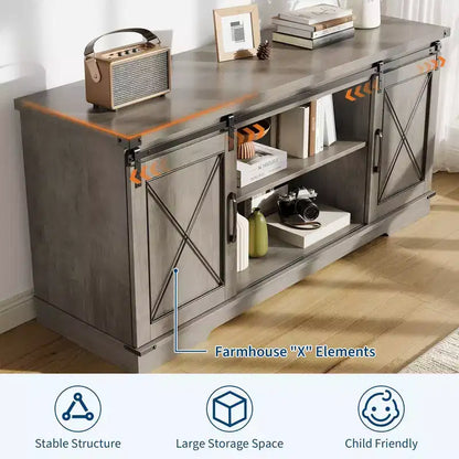 Meuble TV adapté aux téléviseurs de 65 pouces, doté de portes coulissantes de style grange. Meuble de rangement et meuble TV pour salon.