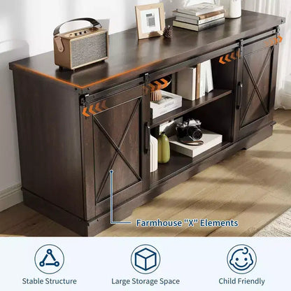 Meuble TV adapté aux téléviseurs de 65 pouces, doté de portes coulissantes de style grange. Meuble de rangement et meuble TV pour salon.
