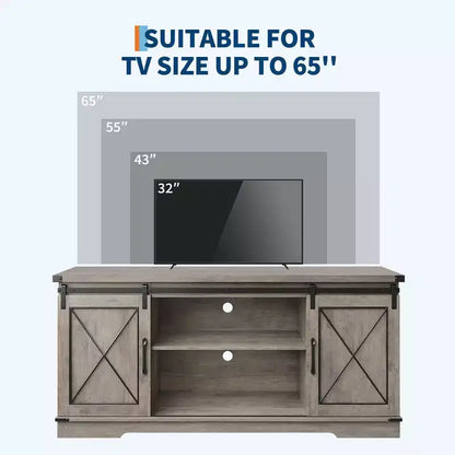 Meuble TV adapté aux téléviseurs de 65 pouces, doté de portes coulissantes de style grange. Meuble de rangement et meuble TV pour salon.