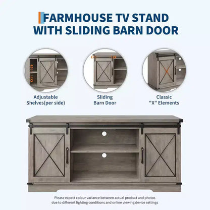 Meuble TV adapté aux téléviseurs de 65 pouces, doté de portes coulissantes de style grange. Meuble de rangement et meuble TV pour salon.