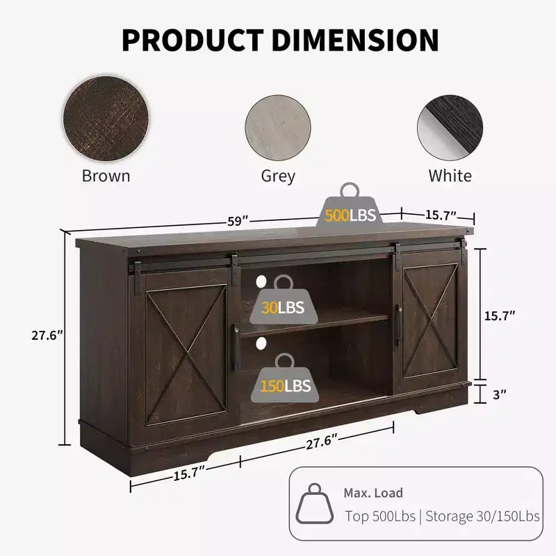 Meuble TV adapté aux téléviseurs de 65 pouces, doté de portes coulissantes de style grange. Meuble de rangement et meuble TV pour salon.