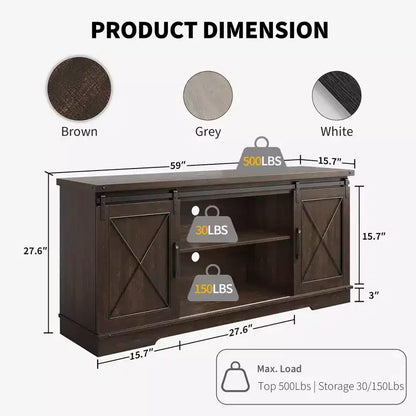 Meuble TV adapté aux téléviseurs de 65 pouces, doté de portes coulissantes de style grange. Meuble de rangement et meuble TV pour salon.