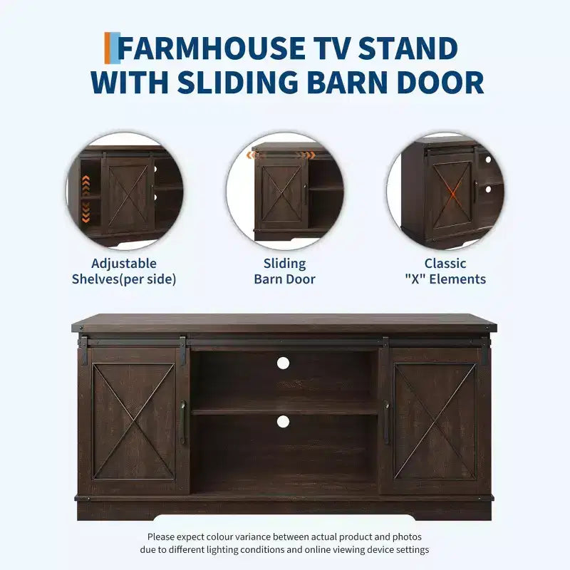 Meuble TV adapté aux téléviseurs de 65 pouces, doté de portes coulissantes de style grange. Meuble de rangement et meuble TV pour salon.