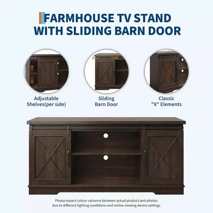 Meuble TV adapté aux téléviseurs de 65 pouces, doté de portes coulissantes de style grange. Meuble de rangement et meuble TV pour salon.
