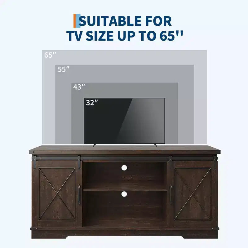 Meuble TV adapté aux téléviseurs de 65 pouces, doté de portes coulissantes de style grange. Meuble de rangement et meuble TV pour salon.