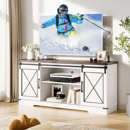 Meuble TV adapté aux téléviseurs de 65 pouces, doté de portes coulissantes de style grange. Meuble de rangement et meuble TV pour salon.