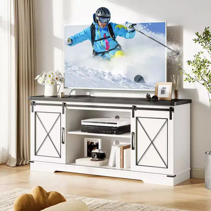 Meuble TV adapté aux téléviseurs de 65 pouces, doté de portes coulissantes de style grange. Meuble de rangement et meuble TV pour salon.