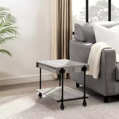 Royal Hampton 24 Inch Side End Table, Plank Design, Caster Wheels, Brown, Black