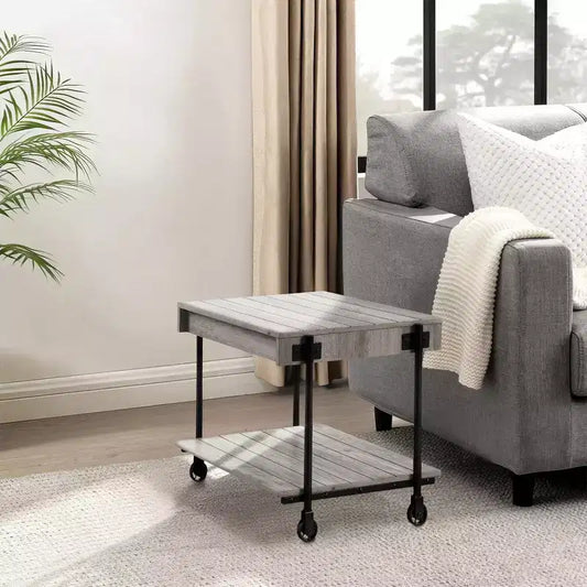 Royal Hampton 24 Inch Side End Table, Plank Design, Caster Wheels, Brown, Black