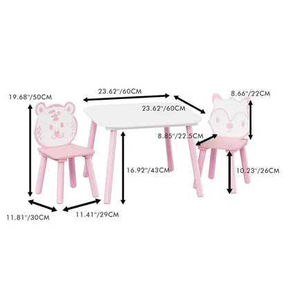 Ensemble Table et Chaises Whisen pour Enfants, Bureau 3 Pièces en Bois pour Tout-petits avec Dossier Animal - Rose et Blanc