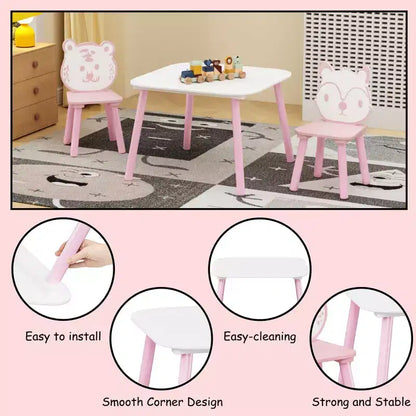 Ensemble Table et Chaises Whisen pour Enfants, Bureau 3 Pièces en Bois pour Tout-petits avec Dossier Animal - Rose et Blanc