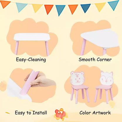 Ensemble Table et Chaises Whisen pour Enfants, Bureau 3 Pièces en Bois pour Tout-petits avec Dossier Animal - Rose et Blanc