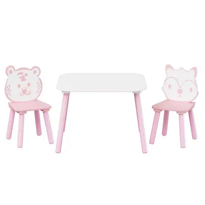 Ensemble Table et Chaises Whisen pour Enfants, Bureau 3 Pièces en Bois pour Tout-petits avec Dossier Animal - Rose et Blanc
