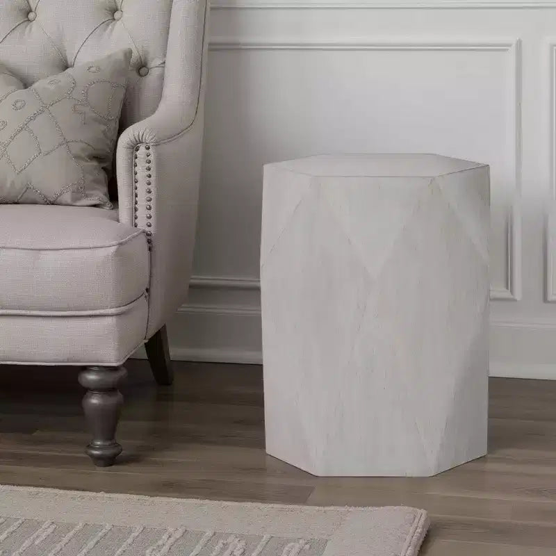 Royal Hampton Side End Table, White Rubberwood, 22 Inch, Geometric Design Body
