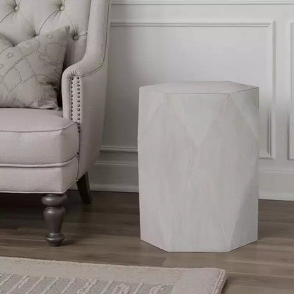 Royal Hampton Side End Table, White Rubberwood, 22 Inch, Geometric Design Body