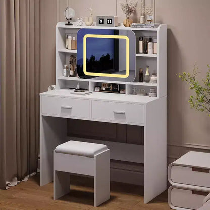 Vanity Table and Chair Set with Mirror, Lights - 40''x16''x54'' Modern Makeup Vanity Desk with Sliding Mirror