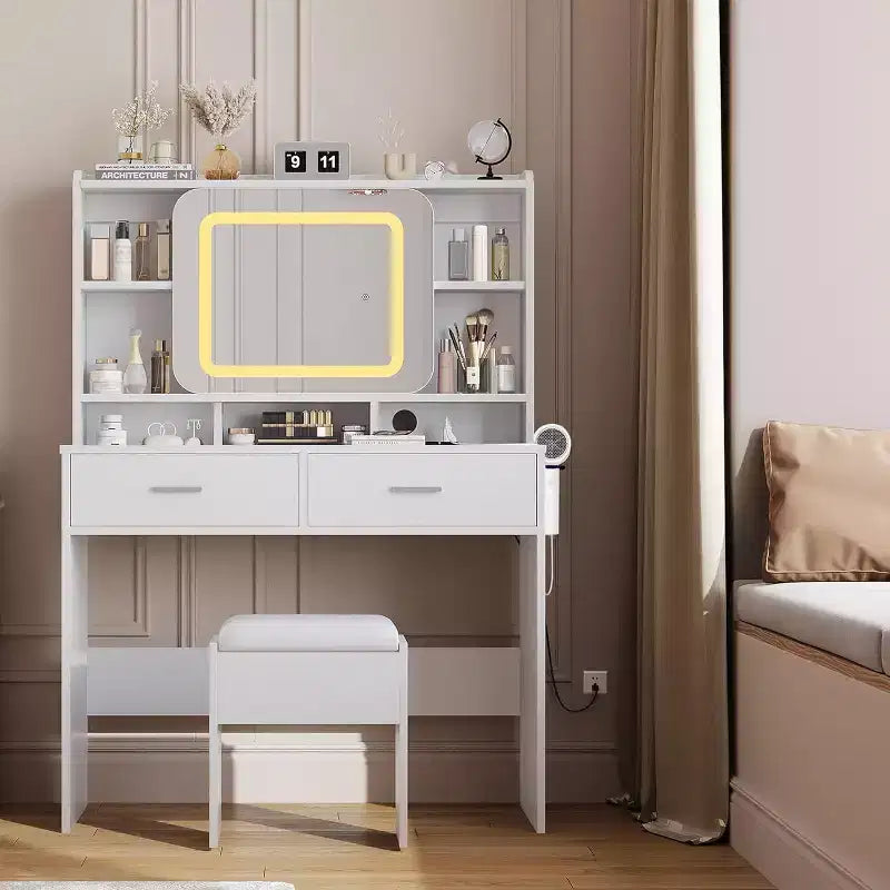 Coiffeuse et chaise avec miroir, lumières - Coiffeuse de maquillage moderne de 101,6 x 40,6 x 137,2 cm avec miroir coulissant