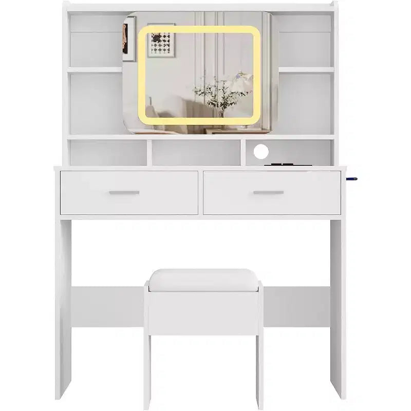 Coiffeuse et chaise avec miroir, lumières - Coiffeuse de maquillage moderne de 101,6 x 40,6 x 137,2 cm avec miroir coulissant