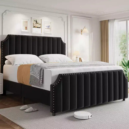 Queen-size platform bed frame, velvet upholstered frame, vertical quilting, adorned with rivets, no spring mattress required, grey.