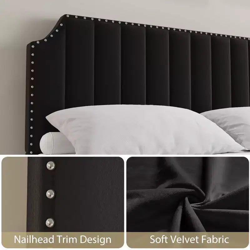 Cadre de lit plateforme grand lit, cadre rembourré en velours, piquage vertical, orné de rivets, matelas sans ressort requis, gris.