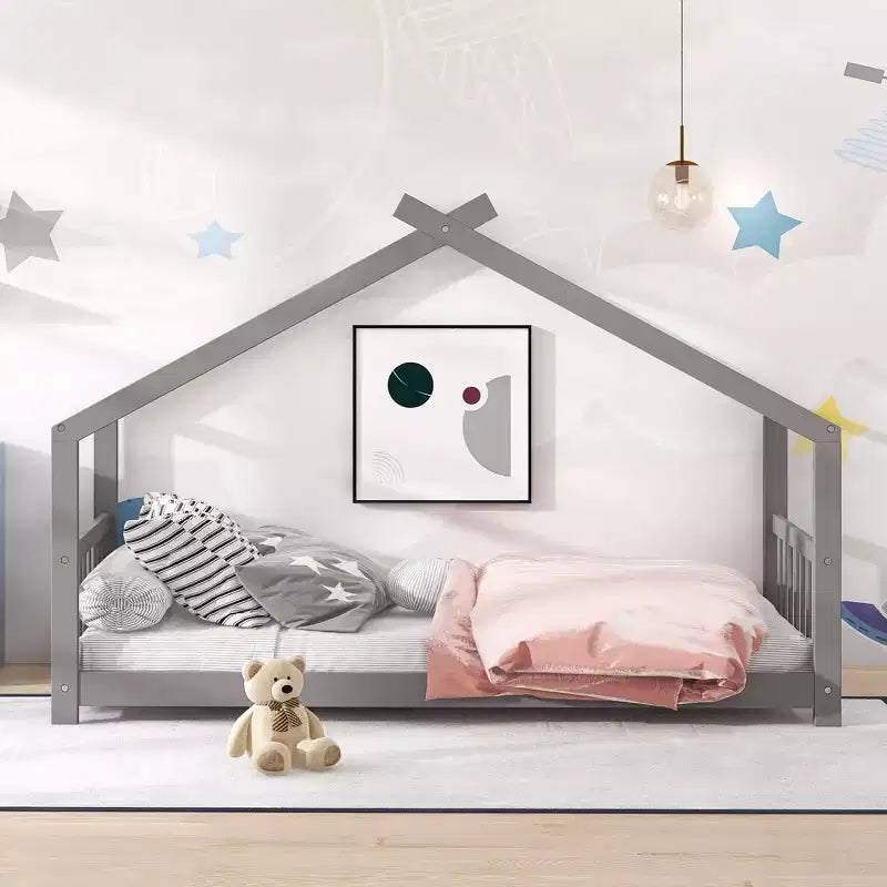 Lits cabanes jumeaux/doubles avec toit pour enfants, cadre de lit Montessori au sol en bois, lit plateforme pour garçons et filles, gris
