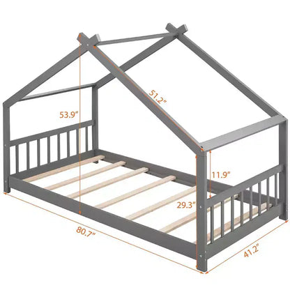 Lits cabanes jumeaux/doubles avec toit pour enfants, cadre de lit Montessori au sol en bois, lit plateforme pour garçons et filles, gris