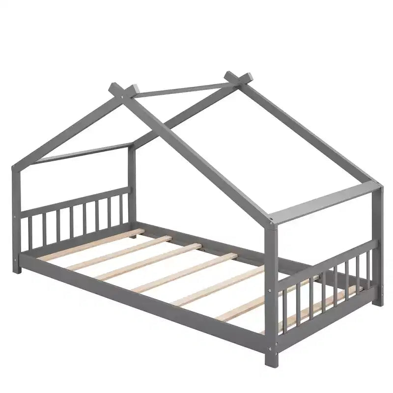 Lits cabanes jumeaux/doubles avec toit pour enfants, cadre de lit Montessori au sol en bois, lit plateforme pour garçons et filles, gris
