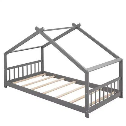 Lits cabanes jumeaux/doubles avec toit pour enfants, cadre de lit Montessori au sol en bois, lit plateforme pour garçons et filles, gris