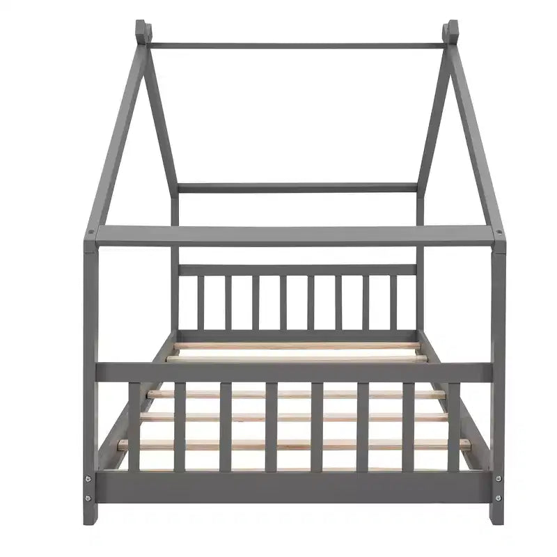 Lits cabanes jumeaux/doubles avec toit pour enfants, cadre de lit Montessori au sol en bois, lit plateforme pour garçons et filles, gris
